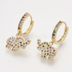 Brass Cubic Zirconia Dangle Hoop Earrings, Elephant, Colorful, Golden, 27mm, Pin: 1mm(EJEW-S201-141)