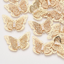 Brass Filigree Joiners Links, with Crystal Rhinestone, 3D Butterfly, Light Gold, 22.5x33x4~7mm, Hole: 1mm(KK-R082-02LG)