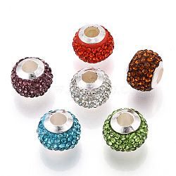 Handmade Polymer Clay Rhinestone European Beads, with Silver Tone CCB Plastic Double Cores, Large Hole Beads, Rondelle, Mixed Color, 12.5~13x10mm, Hole: 4.5mm(RB-N053-001-M)