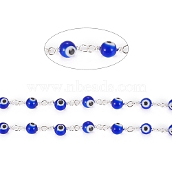 3.28 Feet Handmade Evil Eye Lampwork Round Beaded Chains, with Brass Findings, Unwelded, Long-Lasting Plated, Silver, Medium Blue, 15x3x6x1.8mm, Beads: 6mm(X-CHC-G009-B-S05)