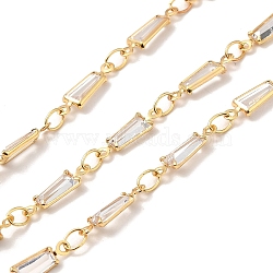 Handmade Brass Link Chain, with Glass Beads, Soldered, with Spool, Clear, 3.5x2.5x0.2mm and 11.5x3.5x1.5mm, about 16.40 Feet(5m)/Roll(CHC-E028-11G-02)