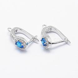 Long-Lasting Plated Brass Micro Pave Cubic Zirconia Hoop Earring Findings with Latch Back Closure, with Glass, Oval, Real Platinum Plated, Light Blue, 17x13.5x5.5mm, Hole: 1.5mm, Pin: 1mm(KK-F720-04B)