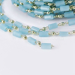 3.28 Feet Handmade Glass Beaded Chains, Soldered, with Brass Findings, Long-Lasting Plated, Real 18K Gold Plated, Cuboid, Pale Turquoise, 4.5x2.5~3x2.5~3mm, 2mm(X-CHC-F008-B14)