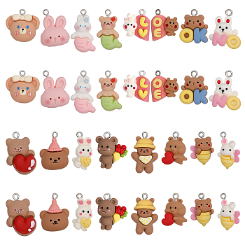 32Pcs 16 Style Opaque Resin Pendants, with Platinum Tone Iron Loops, Rabbit/Bear/Chicken, Mixed Color, 19~30x12~21.5x6~9mm, Hole: 1.8~2.5mm, 2pcs/style