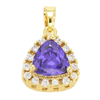 Brass Micro Pave Cubic Zirconia Pendants, Long-Lasting Plated, Real 18K Gold Plated, Triangle, Medium Purple, 14.5x12.5x6.5mm, Hole: 5x3mm