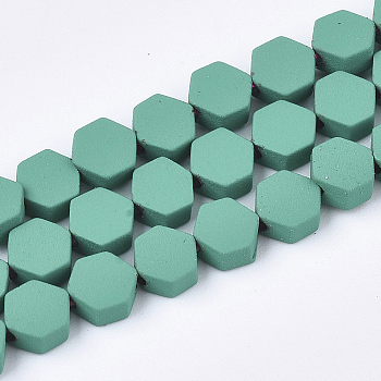 Spray Painted Non-magnetic Synthetic Hematite Beads Strands, Hexagon, Medium Sea Green, 4.5x4x2mm, Hole: 1mm, about 90pcs/strand, 15.7 inch