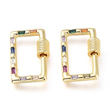 Brass Micro Pave Cubic Zirconia Screw Carabiner Lock Charms, for Necklaces Making, Rectangle, Golden, Colorful, 22.5x14.5x5mm