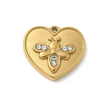 304 Stainless Steel Rhinestone Pendants, Heart, Bees, Golden, 14x15x3mm, Hole: 1.2mm