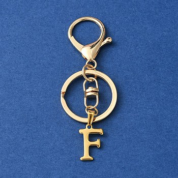304 Stainless Steel Initial Letter Charm Keychains, with Alloy Clasp, Golden, Letter F, 8.5cm