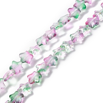 Transparent Glass Beads Strand, with Glitter Powder, Star, Medium Sea Green, 7.5~8x8.3x4mm, Hole: 0.7~1mm, about 50pcs/strand, 14.72~14.92 inch(37.4~37.9cm)