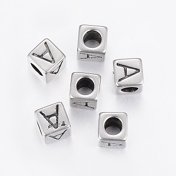 304 Stainless Steel Large Hole Letter European Beads, Cube with Letter.A, Antique Silver, 8x8x8mm, Hole: 5mm