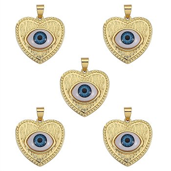 5Pcs Brass Pendants, with Resin Cabochons, Long-Lasting Plated, Heart with Evil Eye, Real 18K Gold Plated, Dodger Blue, 25x25x7mm, Hole: 5x3.5mm
