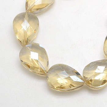Electroplate Crystal Glass Teardrop Beads Strands, Faceted, Rainbow Color Plated, Pale Goldenrod, 24x17x11mm, Hole: 1mm, about 30pcs/strand, 28.3 inch