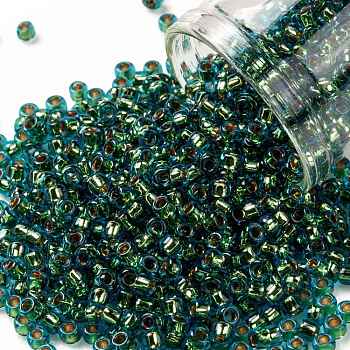 TOHO Round Seed Beads, Japanese Seed Beads, (756) 24K Gold Lined Aquamarine, 8/0, 3mm, Hole: 1mm, about 1110pcs/50g