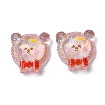 Transparent Epoxy Resin Decoden Cabochons, with Paillettes, Bear with Bowknot, Salmon, 22.5x21x7.5mm