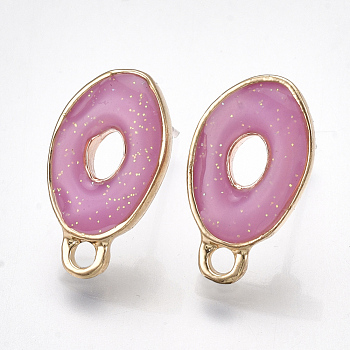 Alloy Enamel Stud Earring Findings, with Loop, Raw(Unplated) Pins and Glitter Powder and 925 Sterling Silver Pin, Oval, Light Gold, Pearl Pink, 17x10mm, Hole: 1.8mm, Pin: 0.6mm
