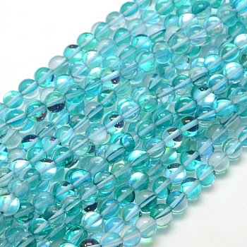 Synthetic Moonstone Beads Strands, Holographic Beads, Half AB Color Plated, Round, Turquoise, 8mm, Hole: 1mm, about 49pcs/strand, 15 inch