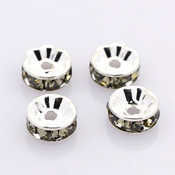 Brass Rhinestone Spacer Beads, Grade A, Straight Flange, Silver Color Plated, Rondelle, Black Diamond, 6x3mm, Hole: 1mm