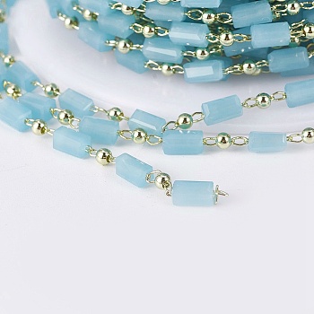 3.28 Feet Handmade Glass Beaded Chains, Soldered, with Brass Findings, Long-Lasting Plated, Real 18K Gold Plated, Cuboid, Pale Turquoise, 4.5x2.5~3x2.5~3mm, 2mm