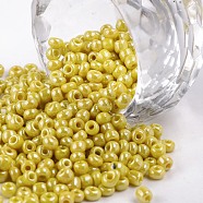 8/0 Glass Seed Beads, Opaque Colors Lustered, Round, Round Hole, Yellow, 8/0, 3mm, Hole: 1mm, about 1111pcs/50g, 50g/bag, 18bags/2pounds(SEED-US0003-3mm-122)