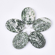 Natural Green Spot Jasper Pendants, with Iron Findings, Oval with Word Peace, Platinum, 43~44x29~30x5~6mm, Hole: 2mm(G-S344-90D)