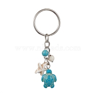 Turtle & Starfish Synthetic Turquoise Pendant Keychains, with Iron Ring, Medium Turquoise, 7.3cm(KEYC-JKC00628-01)