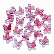Two Tone Transparent Spray Painted Glass Charms, with Glitter Powder, Butterfly, Dark Orchid, 9.5x11x3mm, Hole: 0.8mm(GLAA-T016-22A)