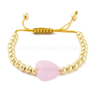Handmade Lampwork Heart Bracelets, Adjustable 6mm Round Brass Braided Bead Bracelets for Women, Real 18K Gold Plated, Pink, Inner Diameter: 1-7/8~3-1/8 inch(4.8~7.8cm), Heart: 19x20.5x7mm(BJEW-Q338-01K)