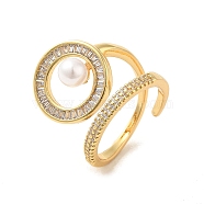 Ring Brass Micro Pave Clear Cubic Zirconia with Resin Pearl Cuff Rings for Women, Real 18K Gold Plated, Adjustable(RJEW-G311-02B-G)