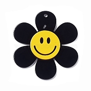 Opaque Acrylic Big Pendants, Sunflower with Smiling Face Charm, Black, 55x50.5x5mm, Hole: 2.5mm(OACR-P012-B06)