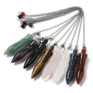 Mixed Natural Gemstone Pointed Dowsing Pendulums, with 304 Stainless Steel Chains, Bullet Charm, 243mm, Bullet: 60x12.5mm, Hole: 3mm(G-F758-F-P)