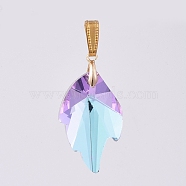 K9 Glass Rhinestone Pendants, with Golden Plated Brass Pendant Bails, Faceted, Leaf, Vitrail Light, 32x20x8mm, Hole: 10x4mm(PALLOY-JF00446-04)