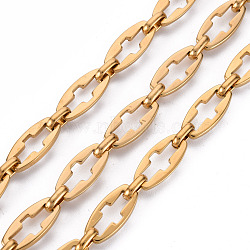 304 Stainless Steel Link Chains, with Spool, Unwelded, Nickel Free, Oval with Hollow Cross, Real 18K Gold Plated, 13.5x6.5x1.5mm(CHS-T003-16G-NF)