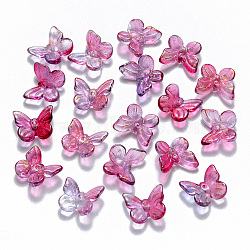 Two Tone Transparent Spray Painted Glass Charms, with Glitter Powder, Butterfly, Dark Orchid, 9.5x11x3mm, Hole: 0.8mm(GLAA-T016-22A)