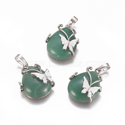 Natural Green Aventurine Pendants, with Enamel and Brass Findings, teardrop, with Butterfly, Platinum, 30x23.5x12mm, Hole: 10x6mm(G-K296-B06)