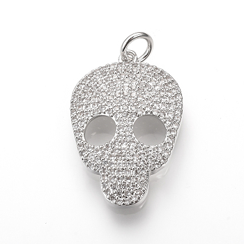 Brass Micro Pave Cubic Zirconia Pendants, with Jump Rings, Skull, Platinum, 28x18.5x4mm, Hole: 3mm