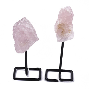 Natural Rose Quartz Display Decorations, Rough Raw Stone, with Spray Painted Iron Findings, Nuggets, 111~158mm