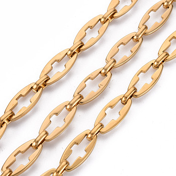 304 Stainless Steel Link Chains, with Spool, Unwelded, Nickel Free, Oval with Hollow Cross, Real 18K Gold Plated, 13.5x6.5x1.5mm