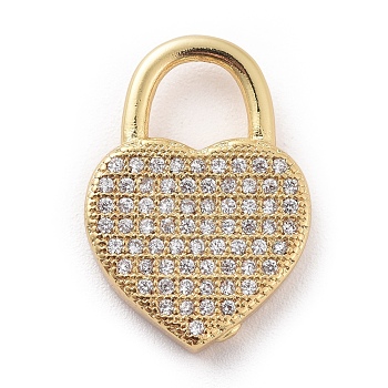 Brass Micro Pave Cubic Zirconia Pendants, Real 18K Gold Plated, Heart Padlock, Golden, 20x14x3.5mm, Hole: 6x6.5mm