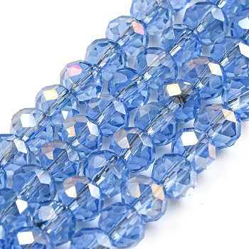 Electroplate Transparent Glass Beads Strands, Half Rainbow Plated, Faceted, Rondelle, Lavender, 6x5mm, Hole: 1mm, about 85~88pcs/strand, 16.1~16.5 inch(41~42cm)
