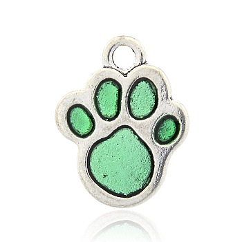 Antique Silver Alloy Enamel Dog Paw Print Pendants, Pale Green, 23x18x2mm, Hole: 3mm