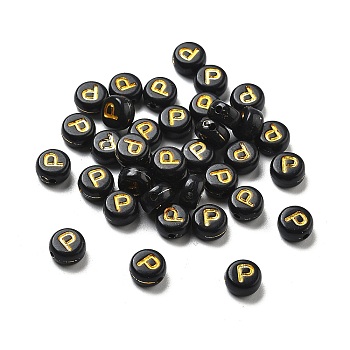 Plating Opaque Acrylic Beads, Golden Metal Enlaced, Flat Round with Letter, Letter P, 7x3.5mm, Hole: 1.2mm, about 3846pcs/500g