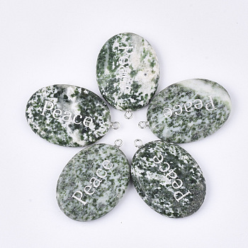 Natural Green Spot Jasper Pendants, with Iron Findings, Oval with Word Peace, Platinum, 43~44x29~30x5~6mm, Hole: 2mm