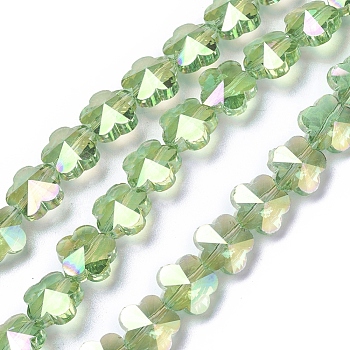 Electroplate Glass Beads Strands, Faceted, Flower, AB Color Plated, Light Green, 9.5~10x6~6.5mm, Hole: 1mm, about 25pcs/strand, 9.25 inch(23.5cm)