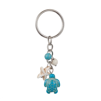 Turtle & Starfish Synthetic Turquoise Pendant Keychains, with Iron Ring, Medium Turquoise, 7.3cm