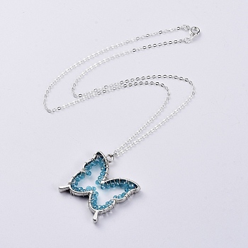 Glass Pendant Necklaces, with Rack Plating Alloy Open Back Bezel Pendants and Silver Plated Brass Cable Chain, Butterfly, Blue, 17.99 inch(45.7cm)