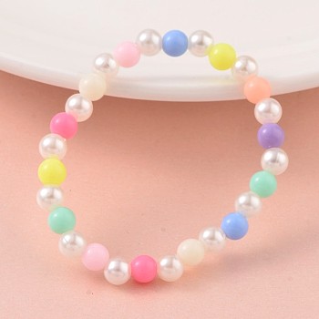 Imitation Pearl Acrylic Beaded Stretch Kids Bracelets, with Opaque Acrylic Beads, White, 43mm