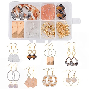 DIY Earring Making Kits, Including Cellulose Acetate(Resin) Pendants, 304 Stainless Steel Links, Brass Linking Rings & Earring Hooks, Mixed Color, 17~43.5x10~34x2.5~3mm, Hole: 1.2~1.5mm, 18pcs