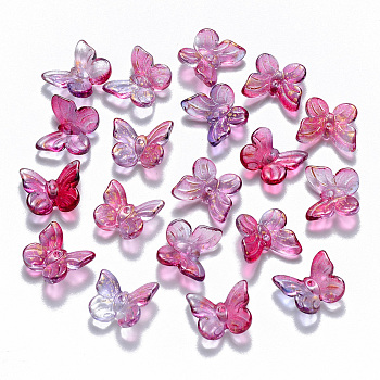 Two Tone Transparent Spray Painted Glass Charms, with Glitter Powder, Butterfly, Dark Orchid, 9.5x11x3mm, Hole: 0.8mm