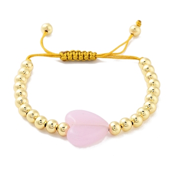 Handmade Lampwork Heart Bracelets, Adjustable 6mm Round Brass Braided Bead Bracelets for Women, Real 18K Gold Plated, Pink, Inner Diameter: 1-7/8~3-1/8 inch(4.8~7.8cm), Heart: 19x20.5x7mm